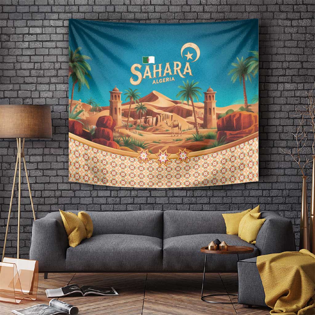 Sahara Algeria Tapestry with Desert Camel Landscape and Islamic Motif Design TS04