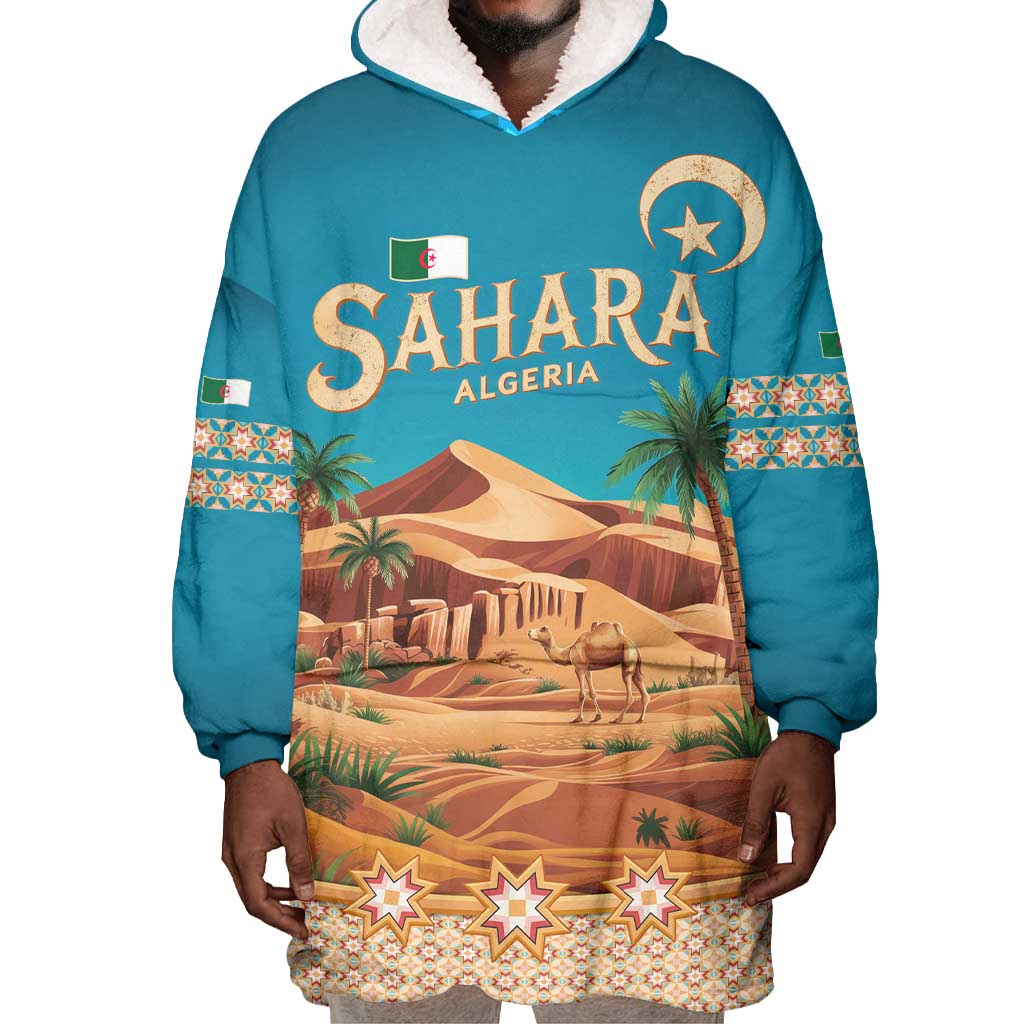 Sahara Algeria Wearable Blanket Hoodie with Desert Camel Landscape and Islamic Motif Design TS04