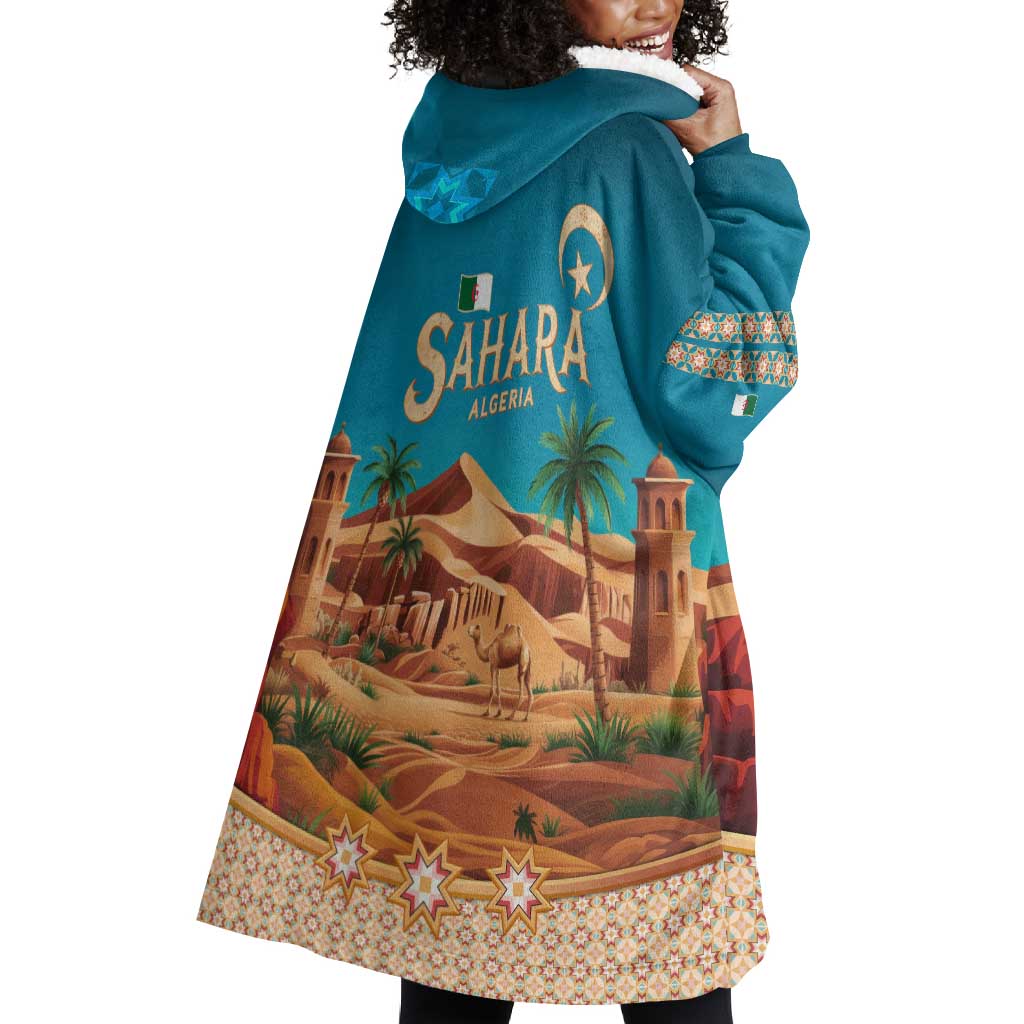 Sahara Algeria Wearable Blanket Hoodie with Desert Camel Landscape and Islamic Motif Design TS04