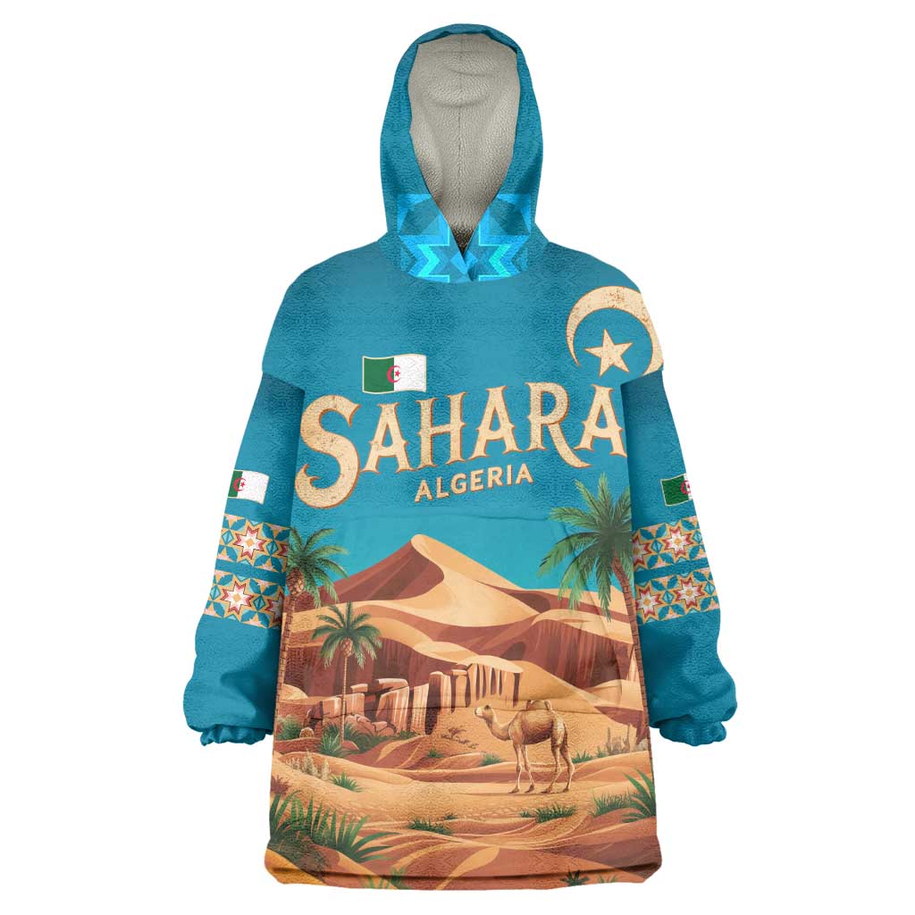 Sahara Algeria Wearable Blanket Hoodie with Desert Camel Landscape and Islamic Motif Design TS04