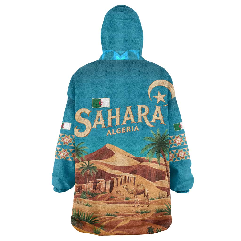 Sahara Algeria Wearable Blanket Hoodie with Desert Camel Landscape and Islamic Motif Design TS04