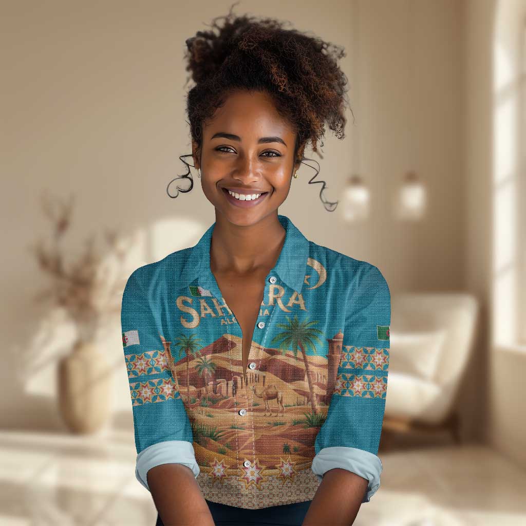 Sahara Algeria Women Casual Shirt with Desert Camel Landscape and Islamic Motif Design TS04