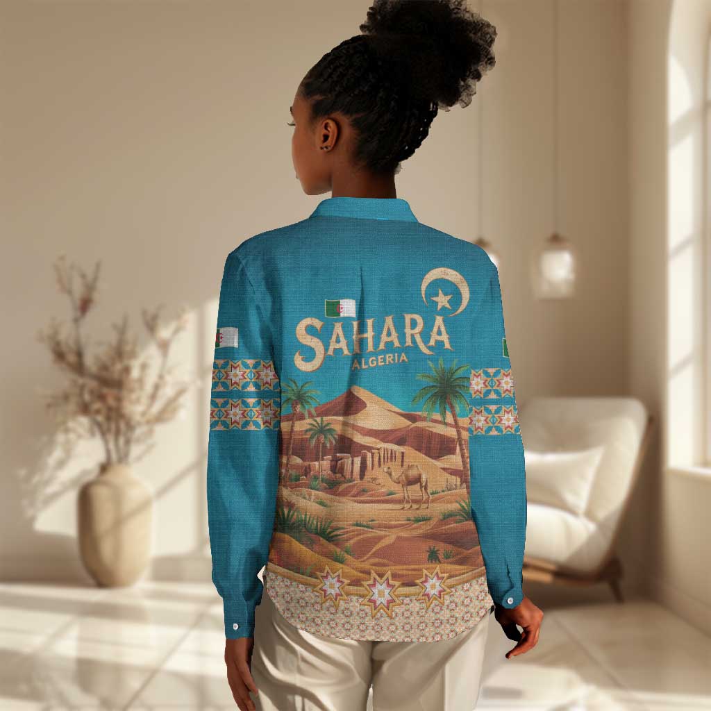 Sahara Algeria Women Casual Shirt with Desert Camel Landscape and Islamic Motif Design TS04