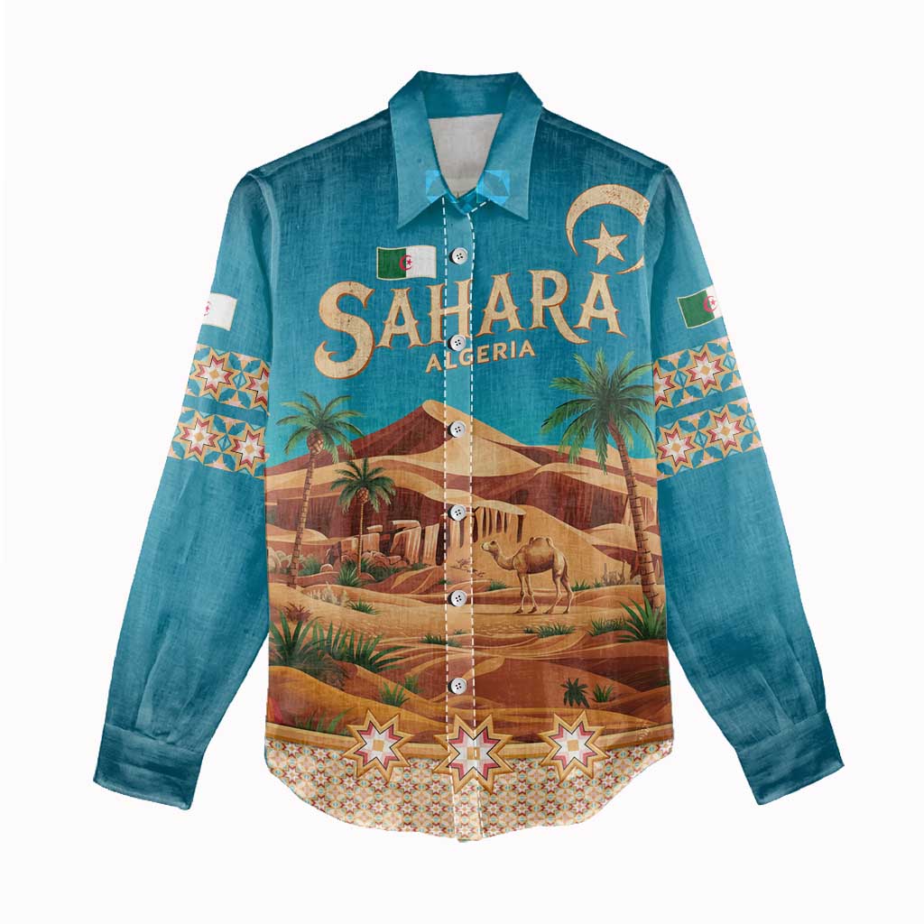 Sahara Algeria Women Casual Shirt with Desert Camel Landscape and Islamic Motif Design TS04