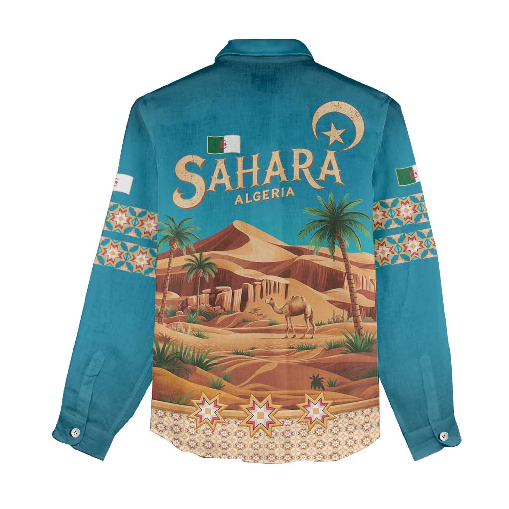 Sahara Algeria Women Casual Shirt with Desert Camel Landscape and Islamic Motif Design TS04
