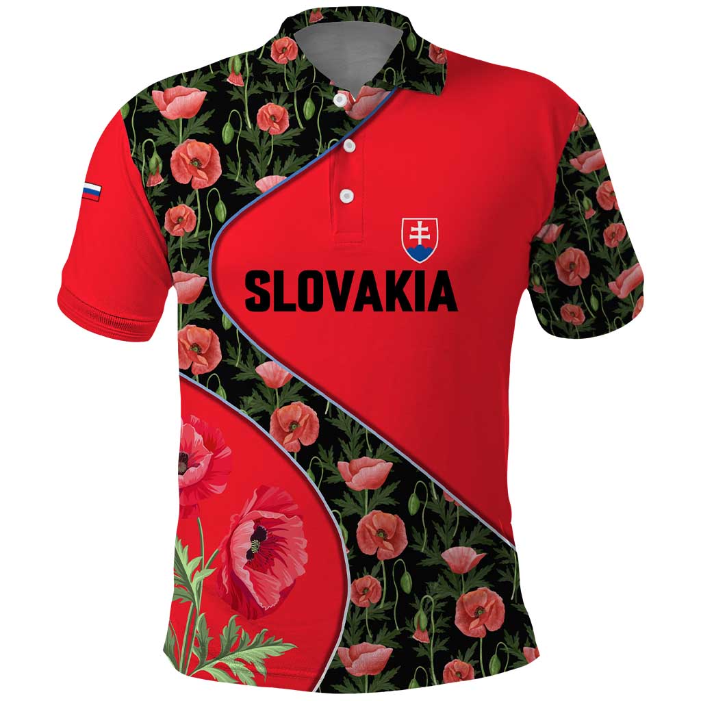 Slovakia Coat of Arms Polo Shirt with Red Poppy Flowers and Bold Flag Colors Design TS04