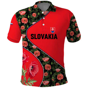Slovakia Coat of Arms Polo Shirt with Red Poppy Flowers and Bold Flag Colors Design TS04
