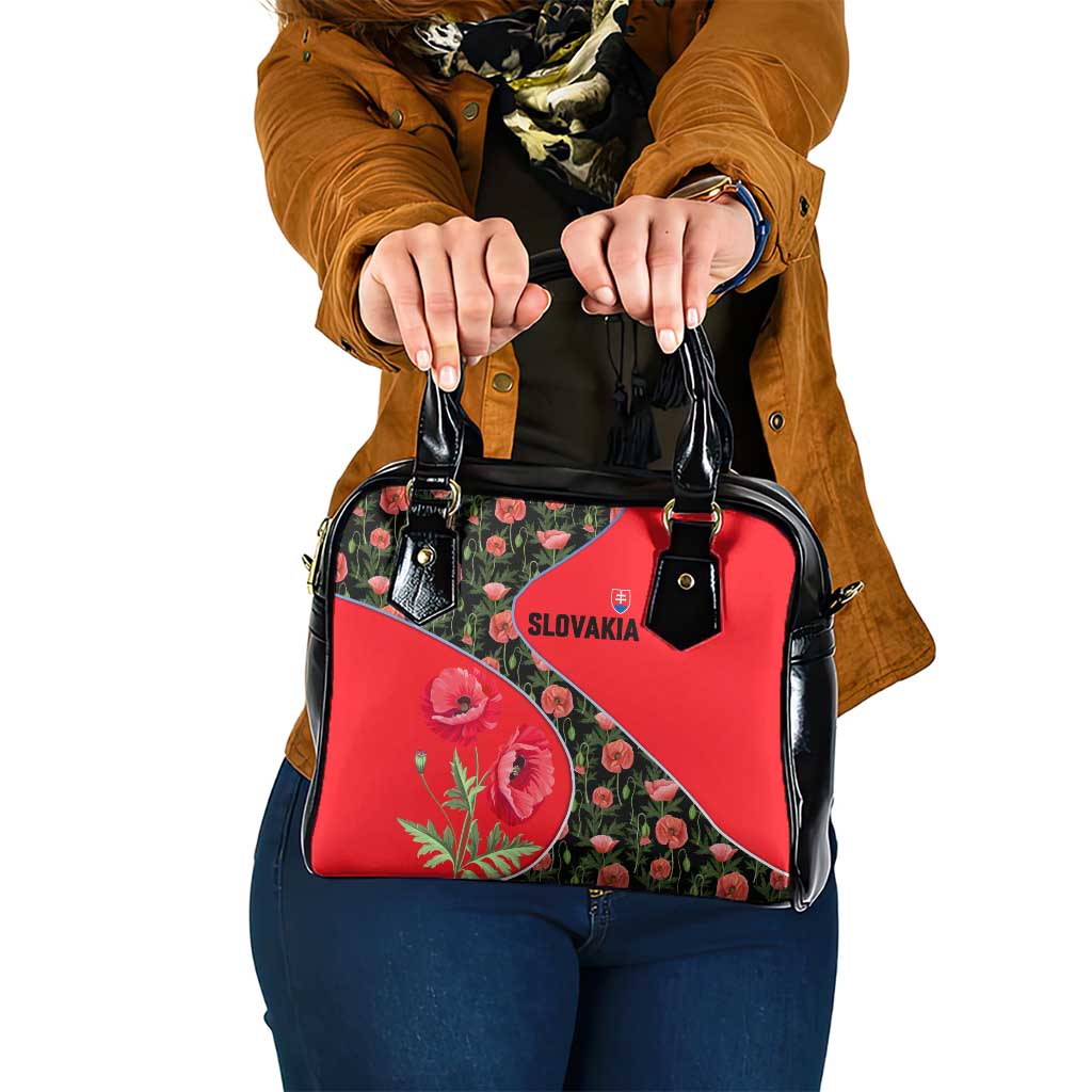 Slovakia Coat of Arms Shoulder Handbag with Red Poppy Flowers and Bold Flag Colors Design TS04