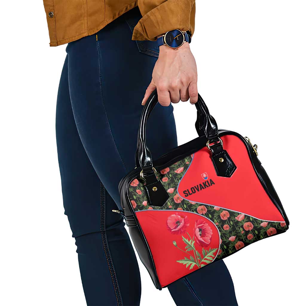 Slovakia Coat of Arms Shoulder Handbag with Red Poppy Flowers and Bold Flag Colors Design TS04