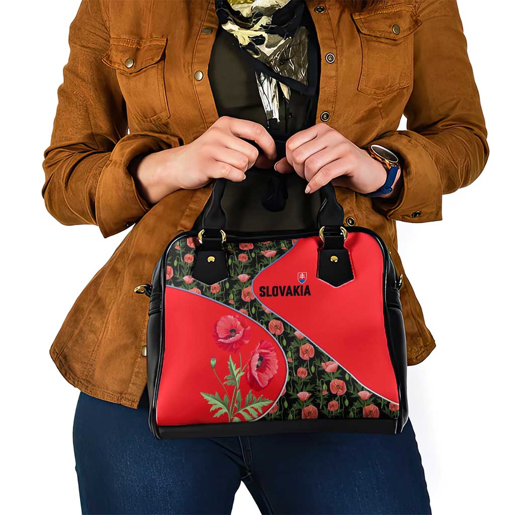 Slovakia Coat of Arms Shoulder Handbag with Red Poppy Flowers and Bold Flag Colors Design TS04