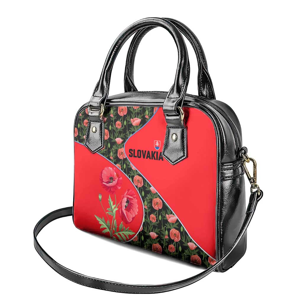 Slovakia Coat of Arms Shoulder Handbag with Red Poppy Flowers and Bold Flag Colors Design TS04