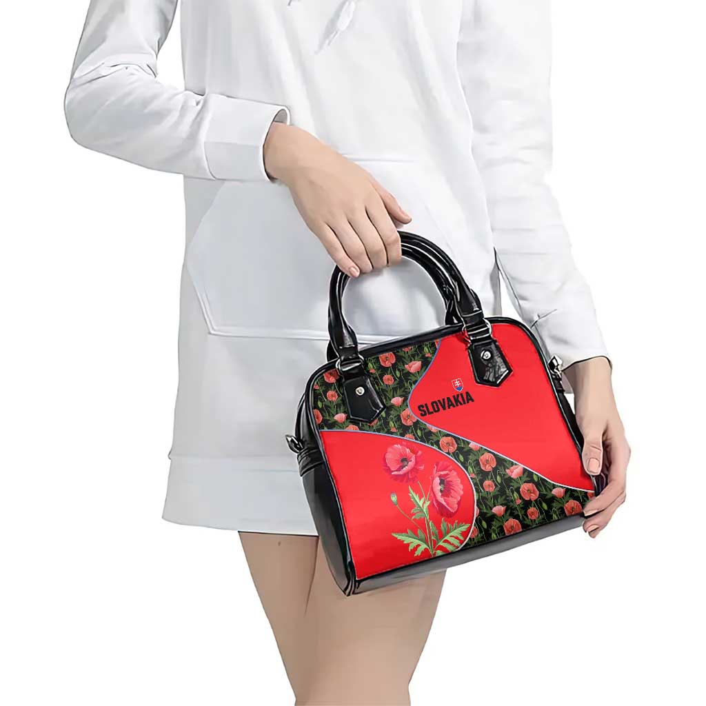 Slovakia Coat of Arms Shoulder Handbag with Red Poppy Flowers and Bold Flag Colors Design TS04