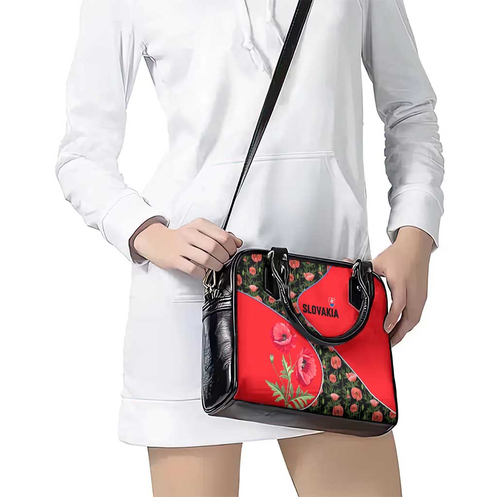 Slovakia Coat of Arms Shoulder Handbag with Red Poppy Flowers and Bold Flag Colors Design TS04