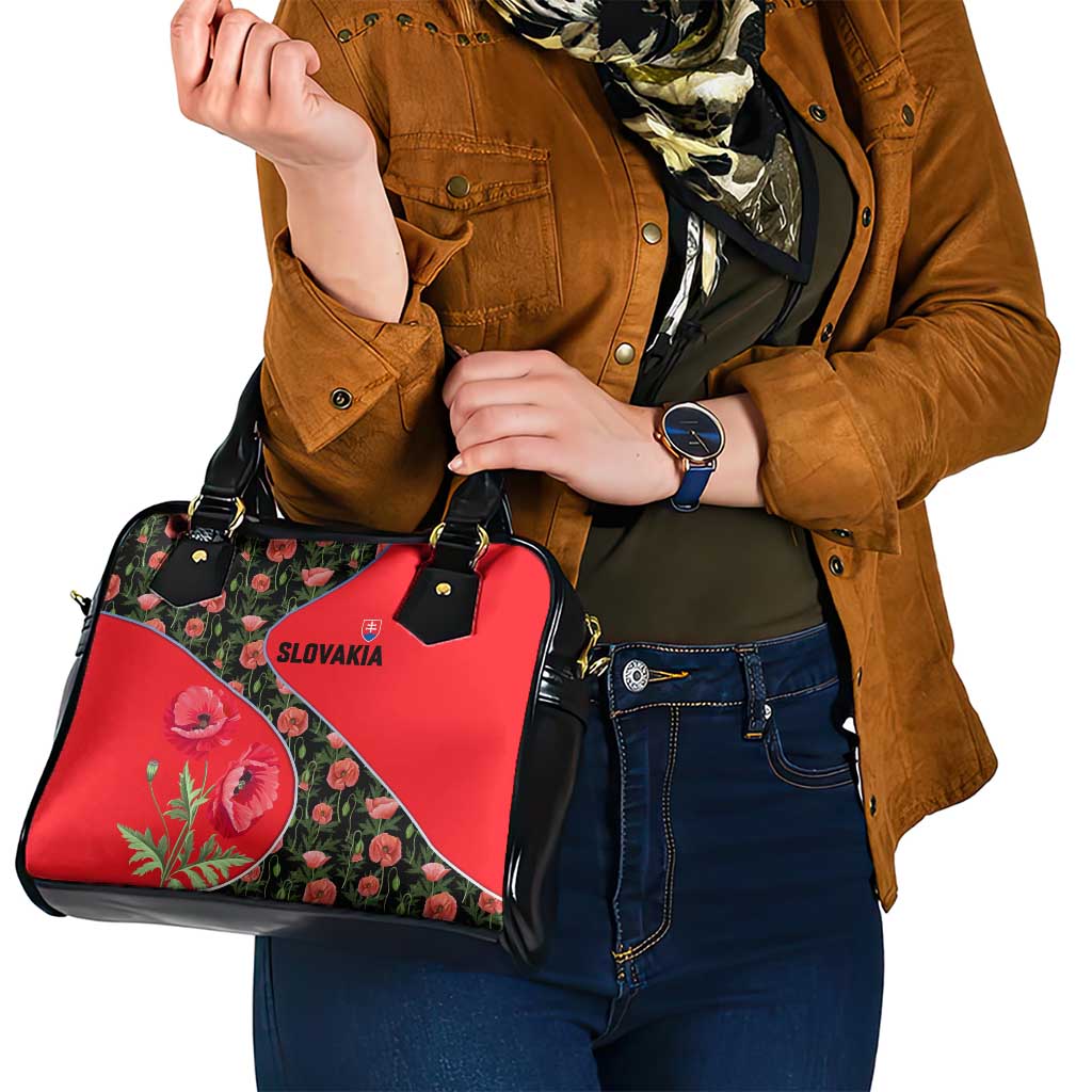Slovakia Coat of Arms Shoulder Handbag with Red Poppy Flowers and Bold Flag Colors Design TS04