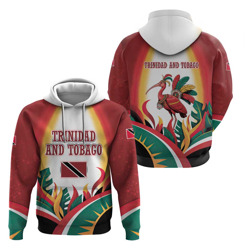 Trinidad and Tobago Scarlet Ibis Hoodie with Tropical Leaves and National Flag Design TS04