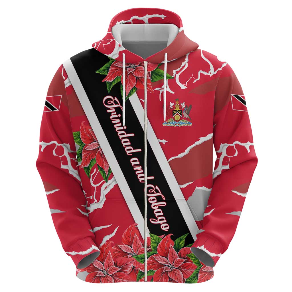 Trinidad and Tobago Red Poinsettia Hoodie with National Crest and Diagonal Flag Sash Design TS04
