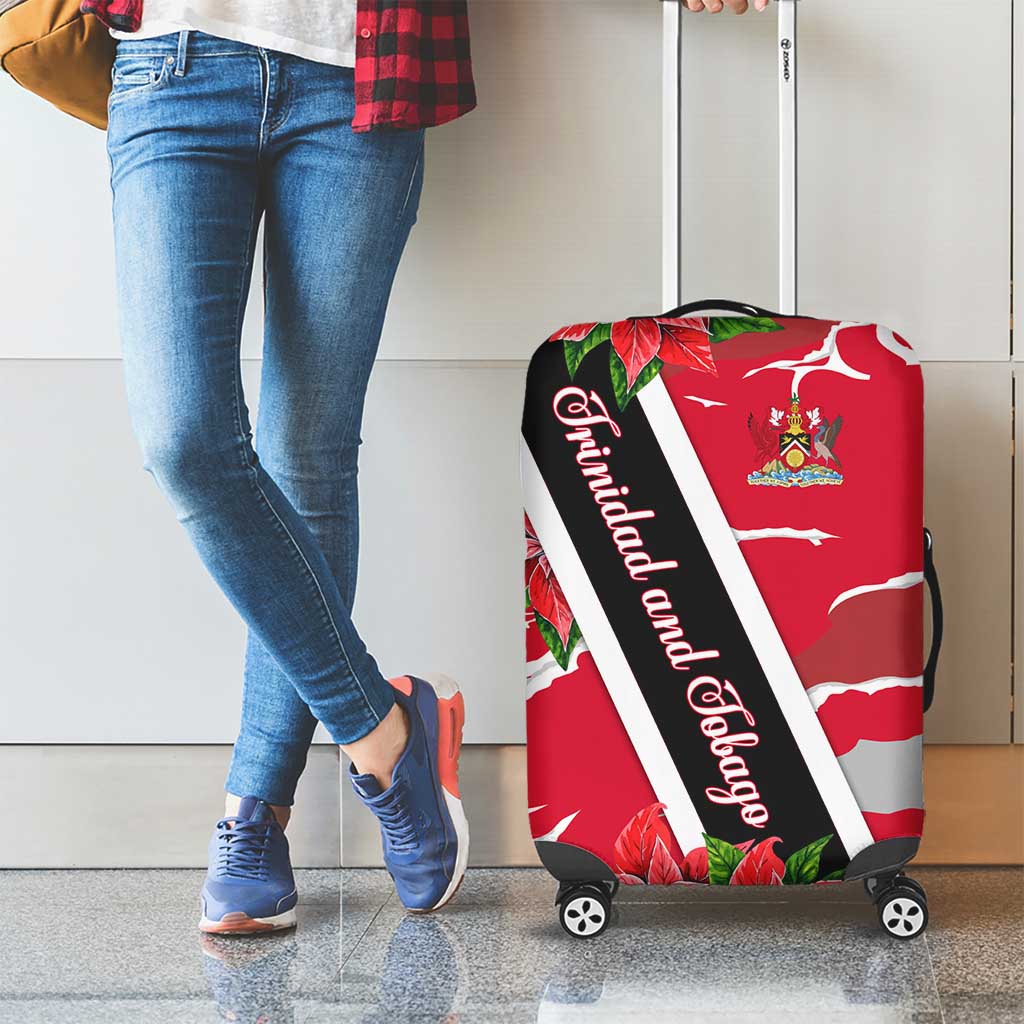 Trinidad and Tobago Red Poinsettia Luggage Cover with National Crest and Diagonal Flag Sash Design TS04