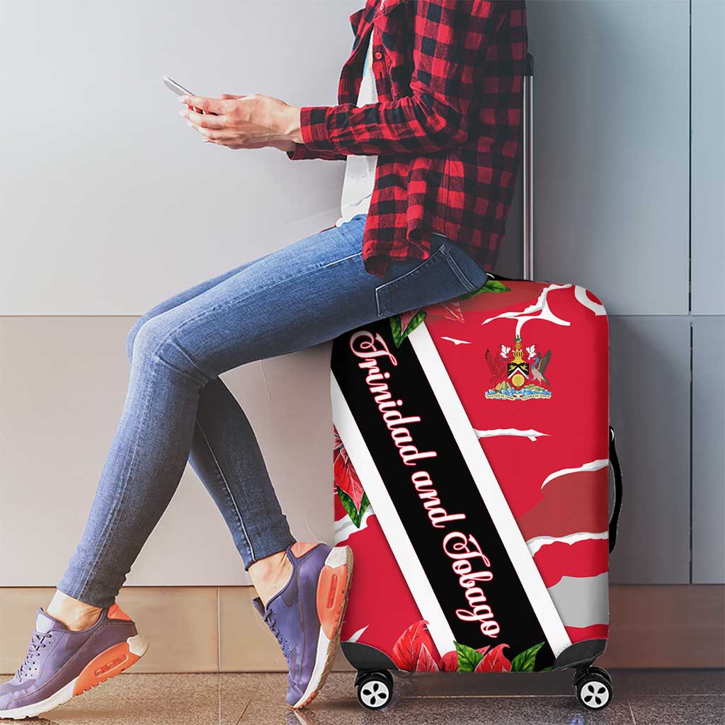 Trinidad and Tobago Red Poinsettia Luggage Cover with National Crest and Diagonal Flag Sash Design TS04
