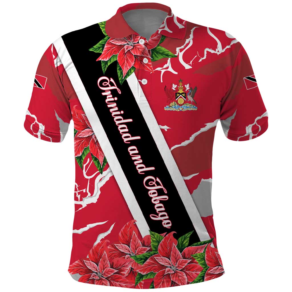 Trinidad and Tobago Red Poinsettia Polo Shirt with National Crest and Diagonal Flag Sash Design TS04