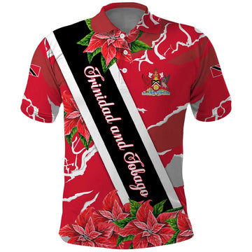 Trinidad and Tobago Red Poinsettia Polo Shirt with National Crest and Diagonal Flag Sash Design TS04