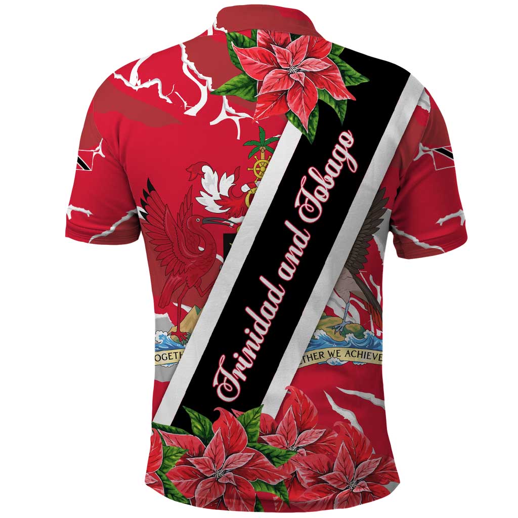 Trinidad and Tobago Red Poinsettia Polo Shirt with National Crest and Diagonal Flag Sash Design TS04