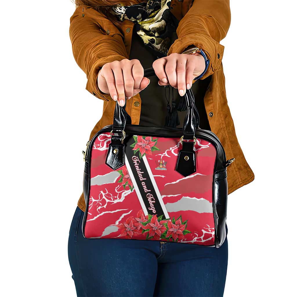 Trinidad and Tobago Red Poinsettia Shoulder Handbag with National Crest and Diagonal Flag Sash Design TS04
