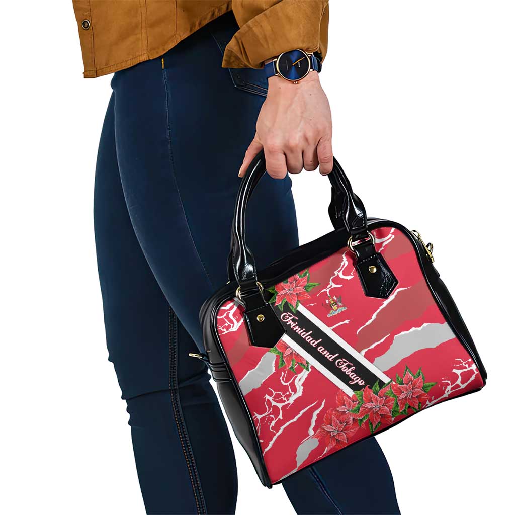Trinidad and Tobago Red Poinsettia Shoulder Handbag with National Crest and Diagonal Flag Sash Design TS04