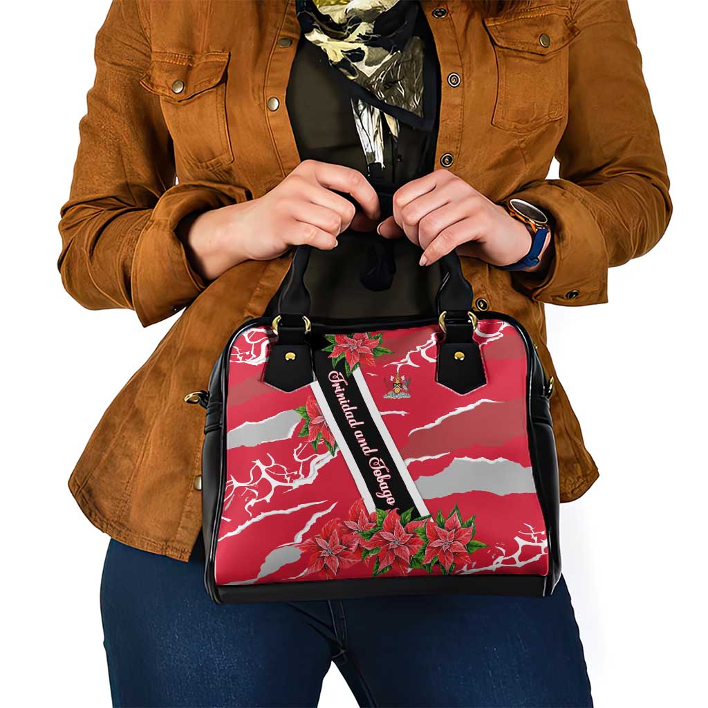 Trinidad and Tobago Red Poinsettia Shoulder Handbag with National Crest and Diagonal Flag Sash Design TS04