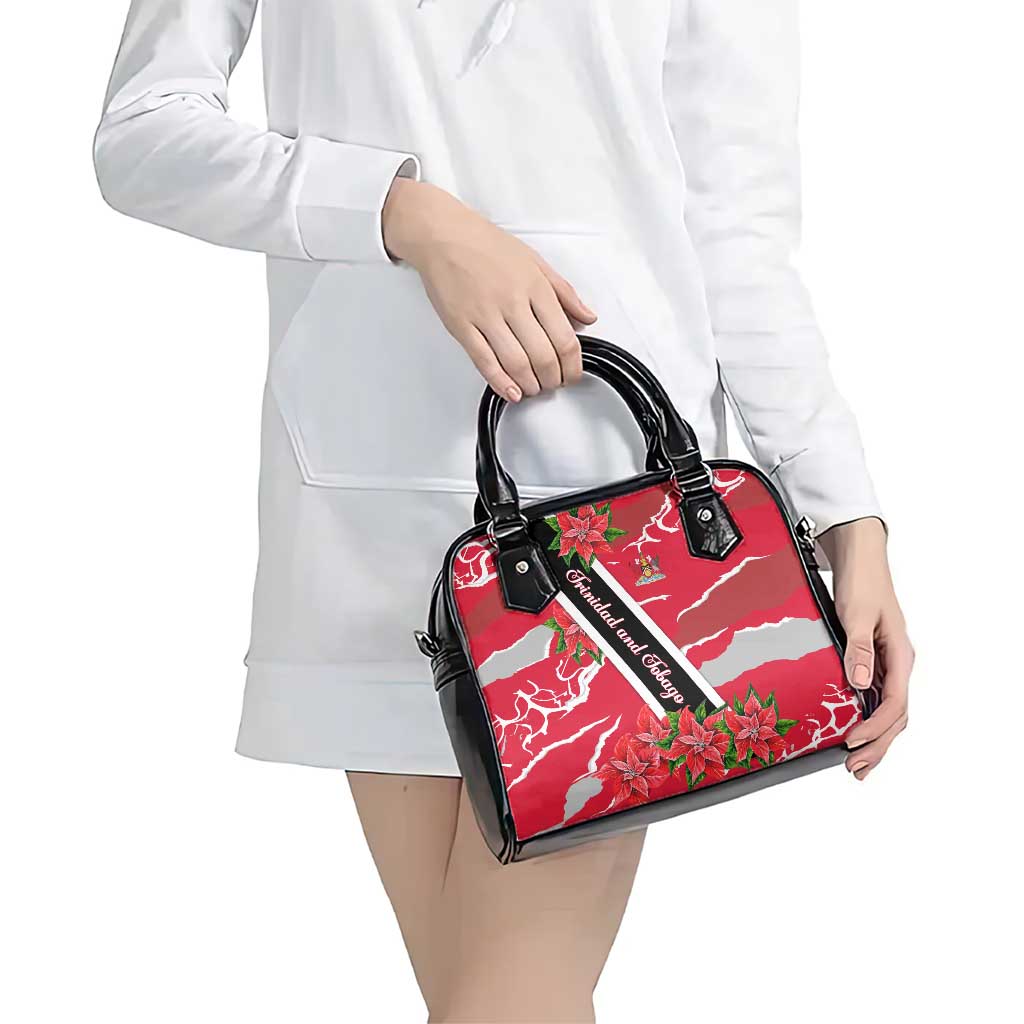 Trinidad and Tobago Red Poinsettia Shoulder Handbag with National Crest and Diagonal Flag Sash Design TS04