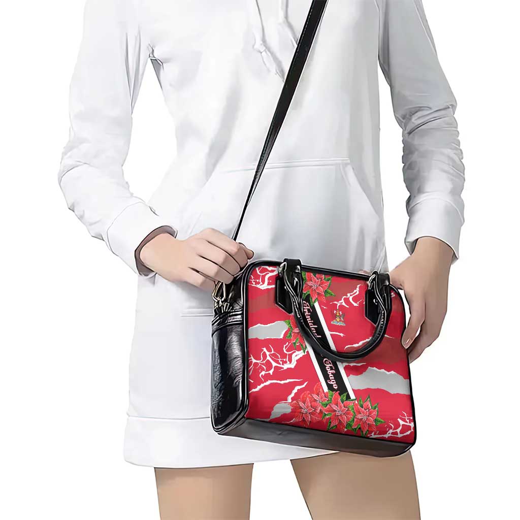 Trinidad and Tobago Red Poinsettia Shoulder Handbag with National Crest and Diagonal Flag Sash Design TS04