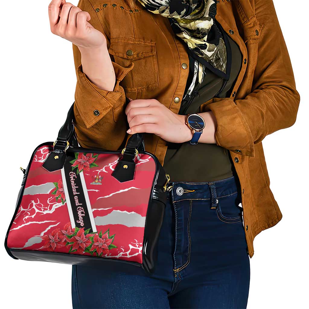 Trinidad and Tobago Red Poinsettia Shoulder Handbag with National Crest and Diagonal Flag Sash Design TS04