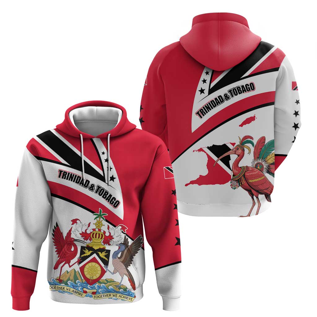 Trinidad and Tobago National Map Hoodie with Scarlet Ibis and Coat of Arms on Red White Star Theme TS04