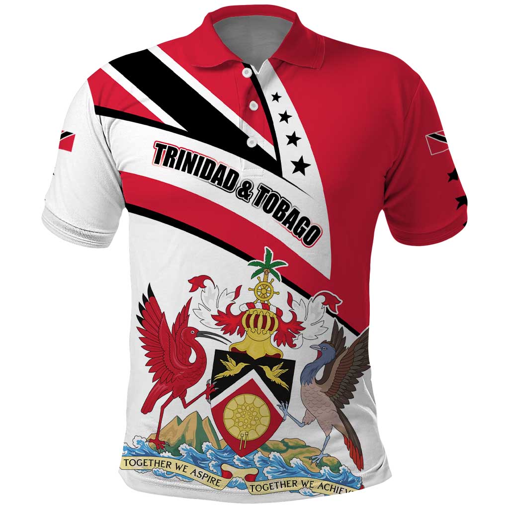 Trinidad and Tobago National Map Polo Shirt with Scarlet Ibis and Coat of Arms on Red White Star Theme TS04