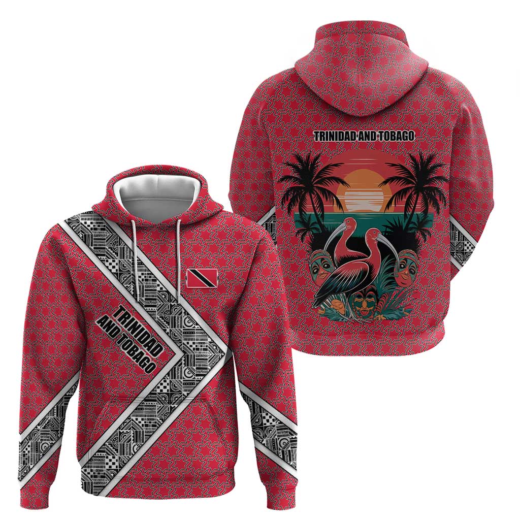 Trinidad and Tobago Flamingos Sunset Hoodie with Tribal Masks and Red Star Pattern TS04