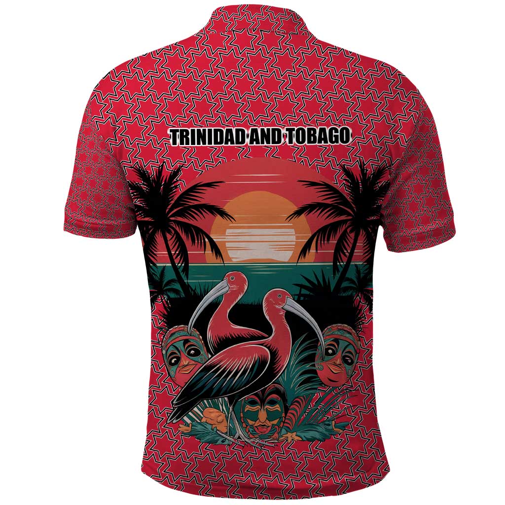 Trinidad and Tobago Flamingos Sunset Polo Shirt with Tribal Masks and Red Star Pattern TS04