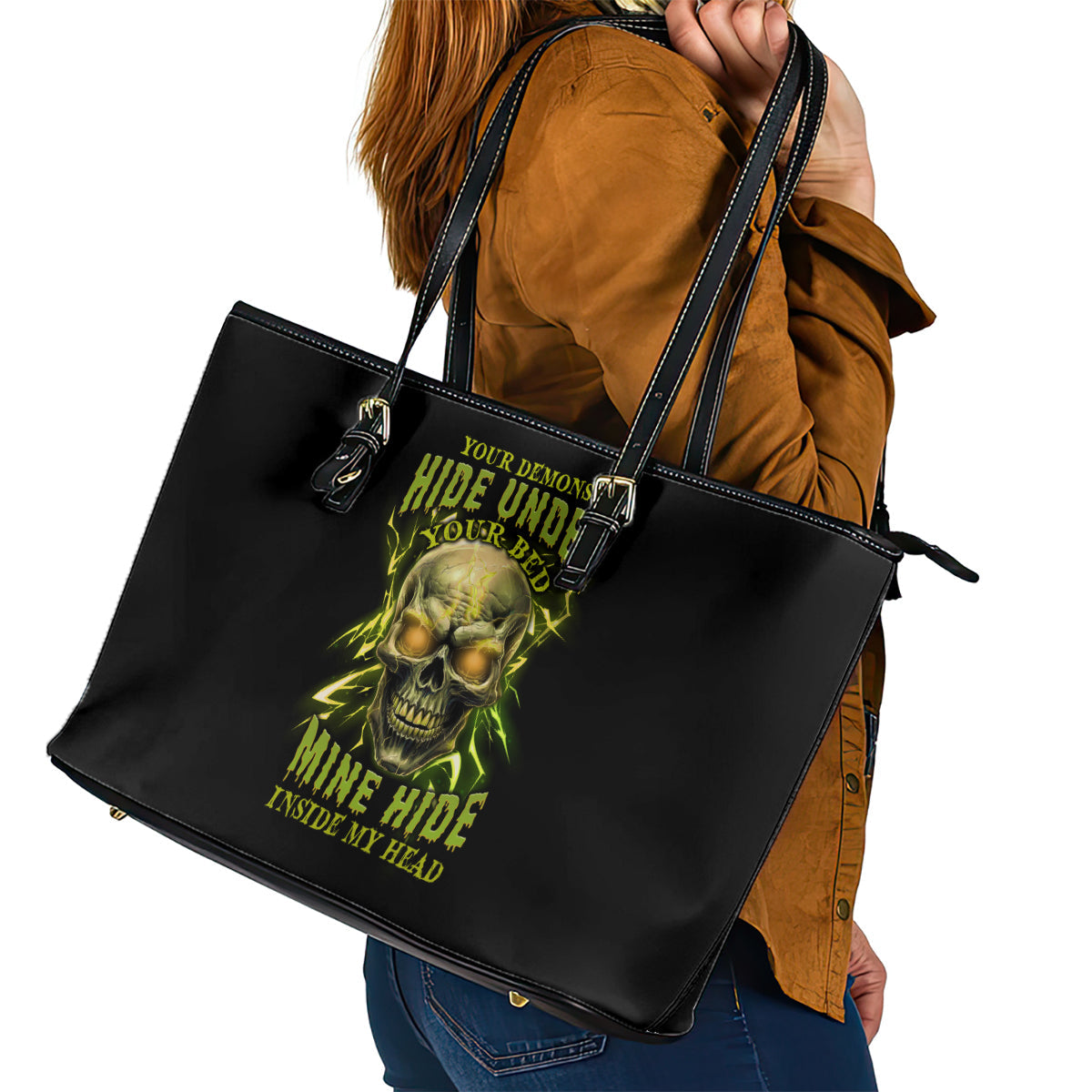 Your Demons Hide Under Your Bed Leather Tote Bag TS04