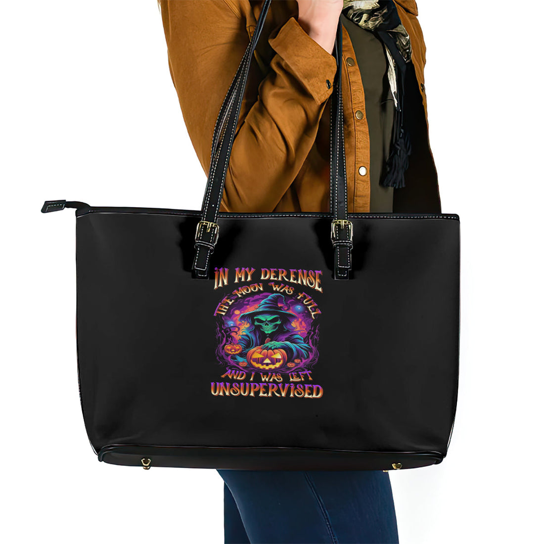 In My Defense I Was Left Unsupervised Halloween Leather Tote Bag TS04