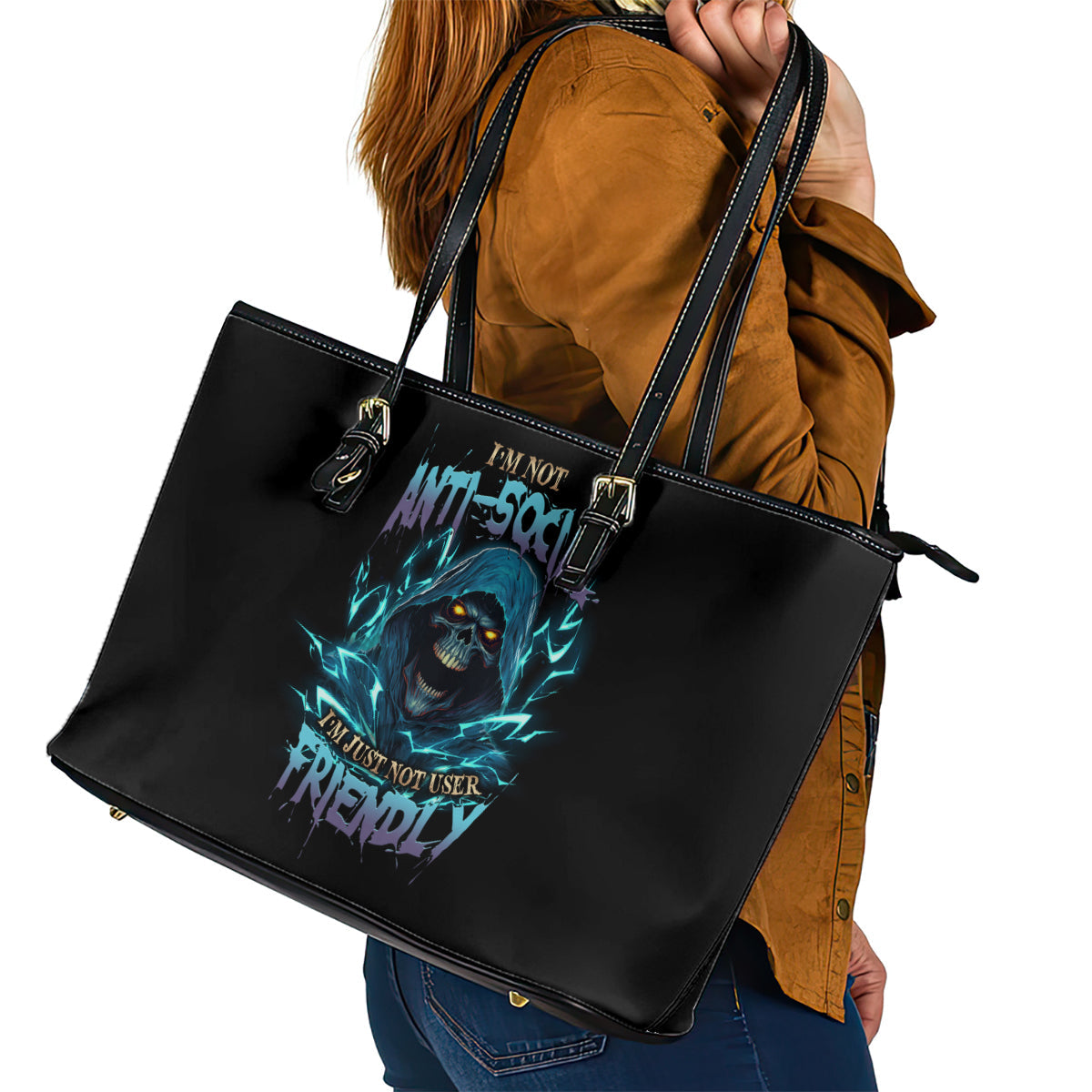 I'm Not Anti-social Mad Reaper Skull Leather Tote Bag TS04
