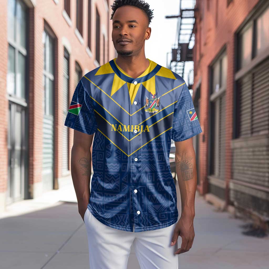 Namibia Yellow Sun Baseball Jersey Sporty Style with Traditional Patterns TS04