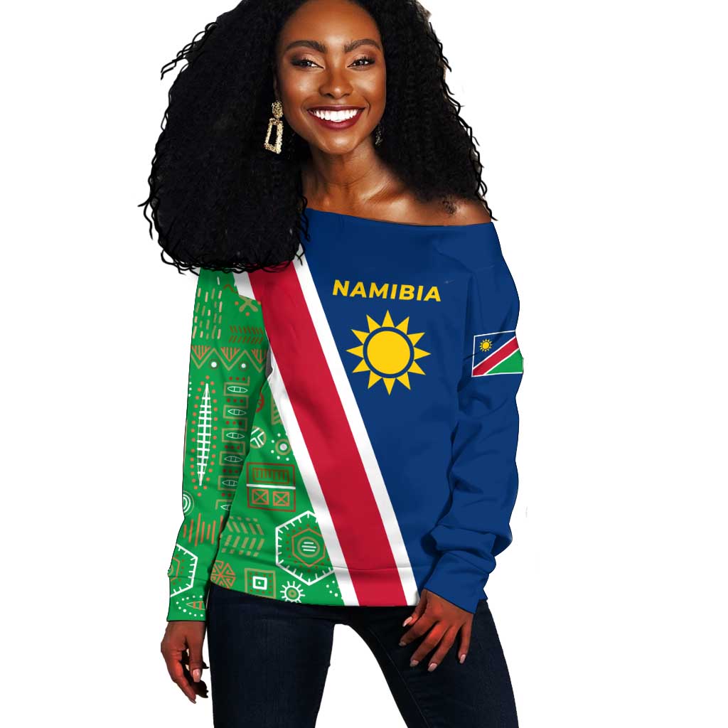 Namibia Gemsbok Off Shoulder Sweater Flag Design with African Patterns TS04