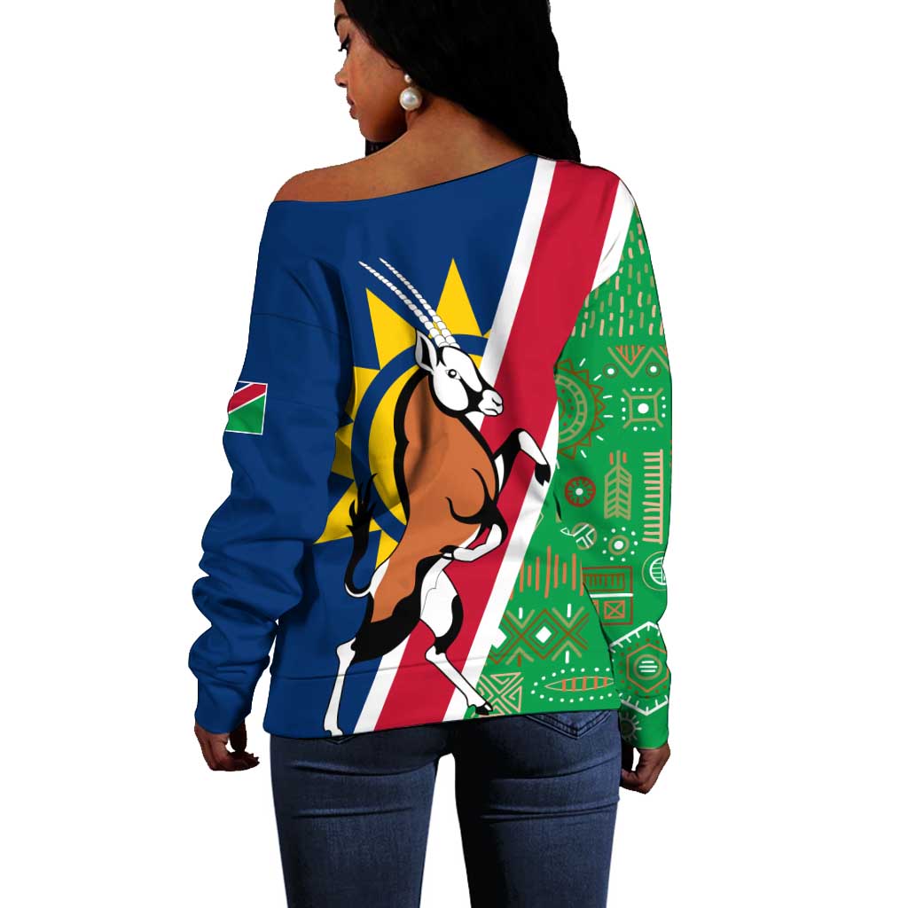Namibia Gemsbok Off Shoulder Sweater Flag Design with African Patterns TS04