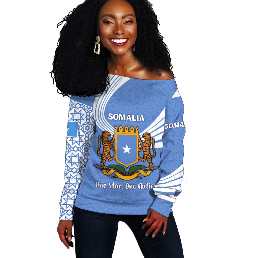 Somalia Off Shoulder Sweater with Coat of Arms One Star One Nation Blue White Spirit TS04