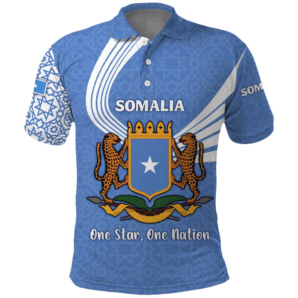 Somalia Polo Shirt with Coat of Arms One Star One Nation Blue White Spirit TS04