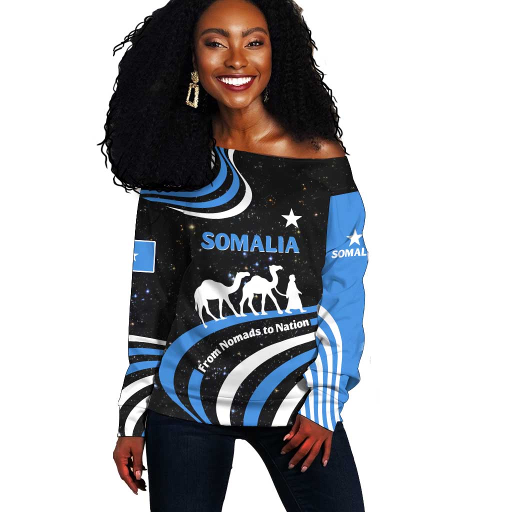 Somalia Off Shoulder Sweater with From Nomads to Nation Camel Galaxy Flag Spirit TS04