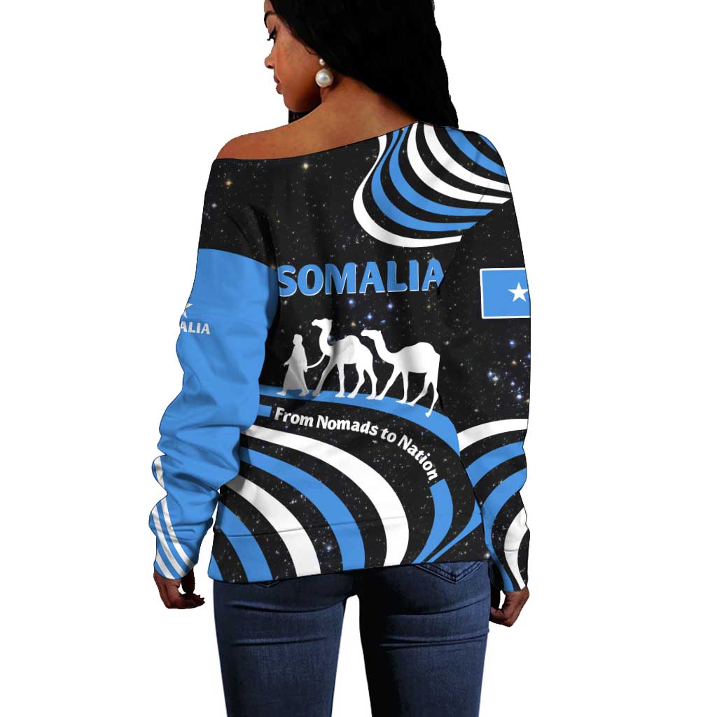 Somalia Off Shoulder Sweater with From Nomads to Nation Camel Galaxy Flag Spirit TS04