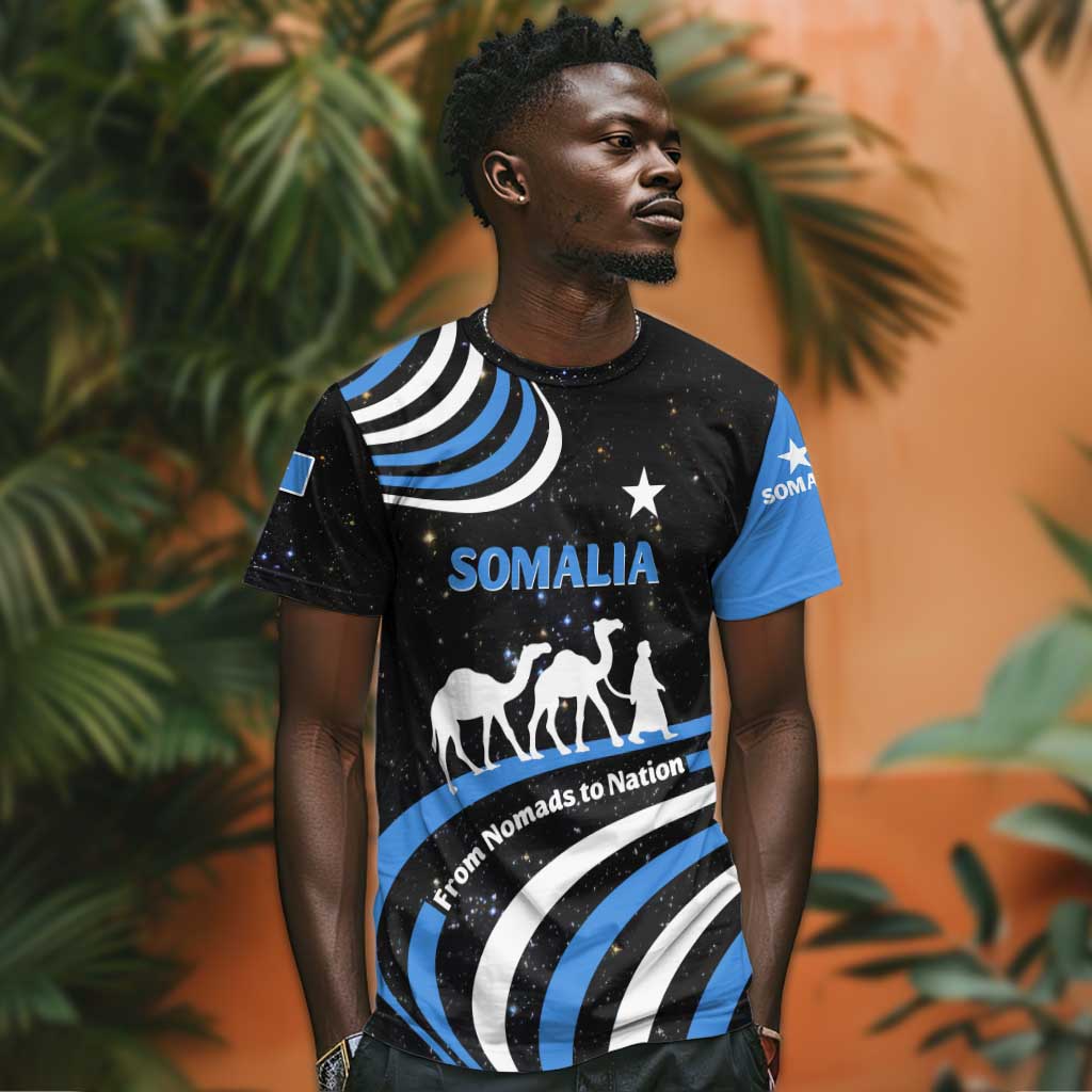 Somalia T shirt with From Nomads to Nation Camel Galaxy Flag Spirit TS04