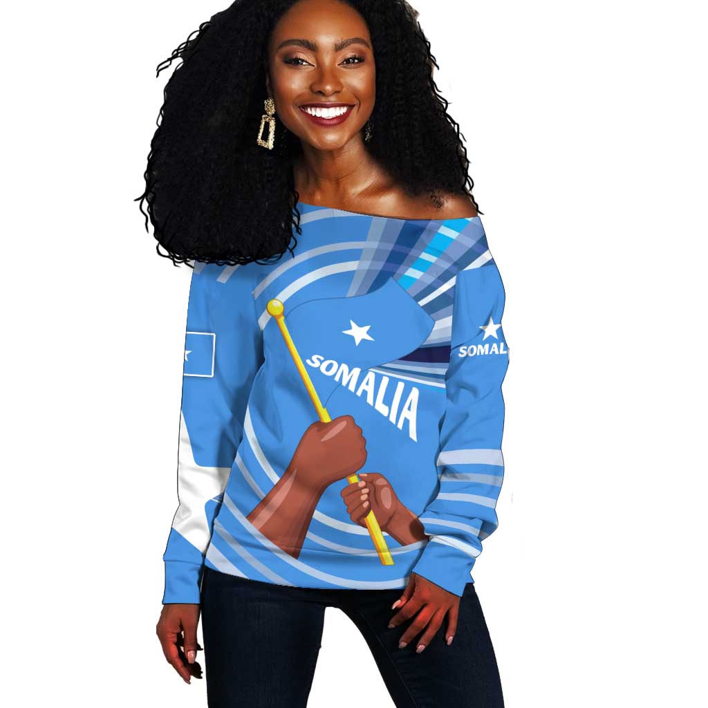 Somalia Off Shoulder Sweater with Raised Fist Flag Blue Unity Wave Spirit TS04