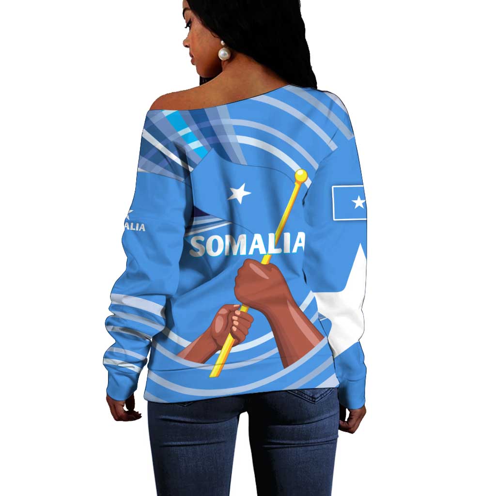 Somalia Off Shoulder Sweater with Raised Fist Flag Blue Unity Wave Spirit TS04