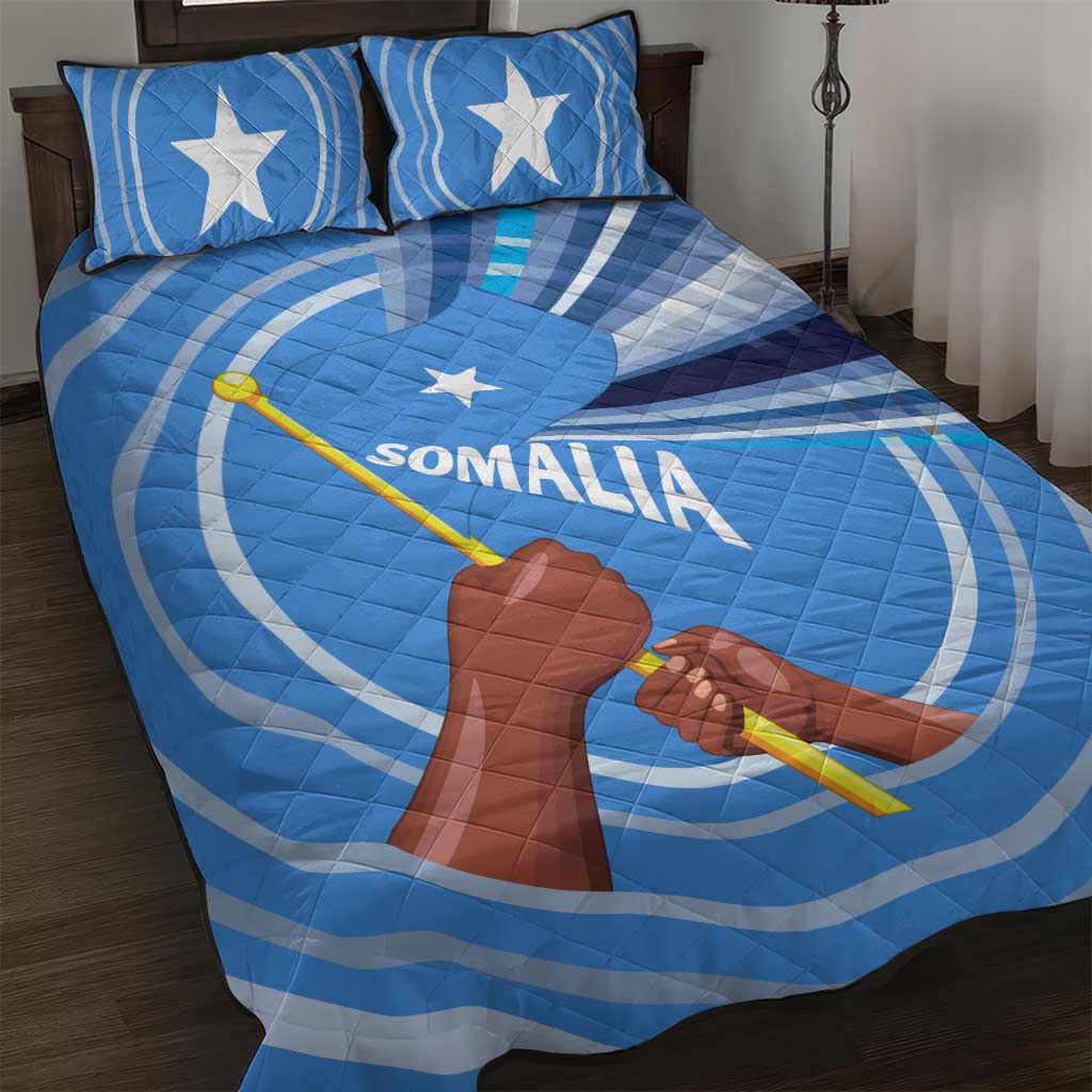 Somalia Quilt Bed Set with Raised Fist Flag Blue Unity Wave Spirit TS04