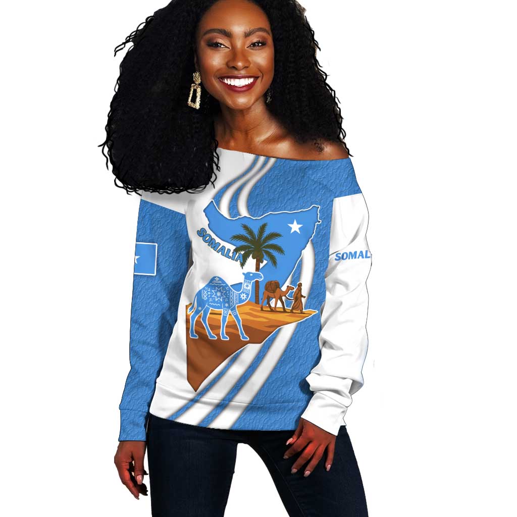 Somalia Off Shoulder Sweater with Camel Desert Map Palm Tree Heritage Spirit TS04